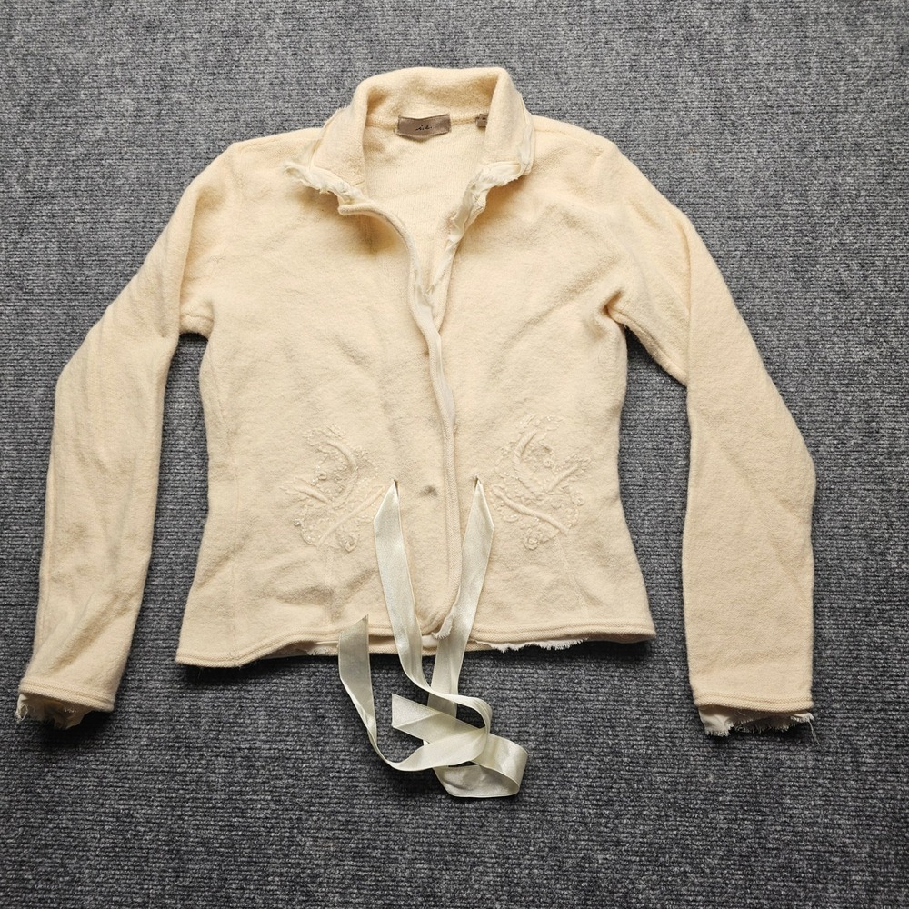 LEI Cream 100% Wool Embroidered Beaded Ribbon Cardigan Sweater Small Australia